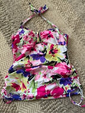 Floral Halter Tankini Top white Multicolor 16 croft & barrow side ties like new